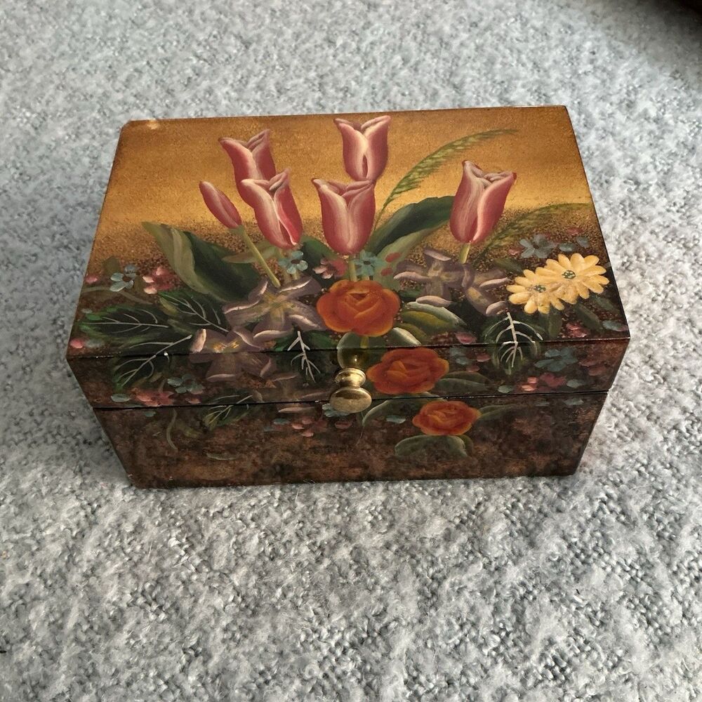 Hand Painted Floral Wood Jewelry Trinket Box Gold Tulips Velvet Lined 7”